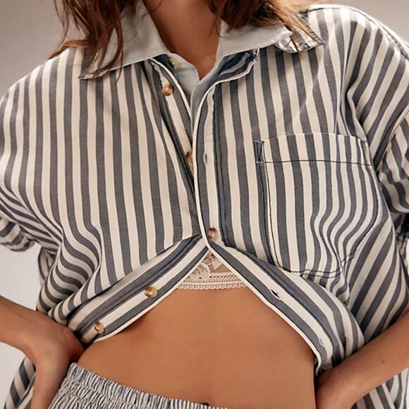 Free People Blue/Grey and White Striped Button Down Shirt - Picture 3 of 8